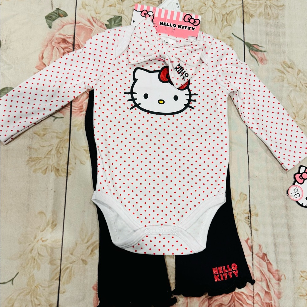 Hello Kitty Baby Girl Clothes 3 Piece Set Polka Dots 9 Months New with Tags